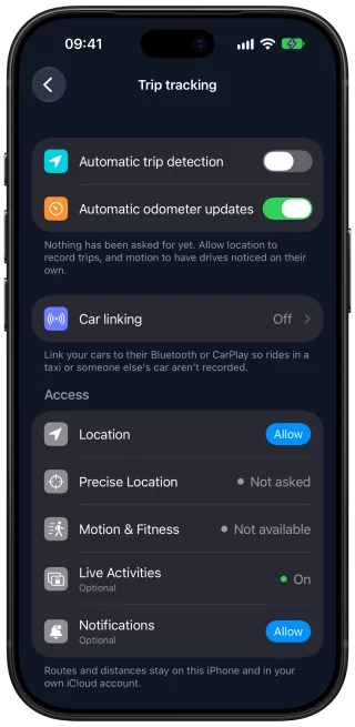 The Car Care Trip tracking settings screen with switches for automatic trip detection and automatic odometer updates, a car linking row and the location, motion and notification permissions.