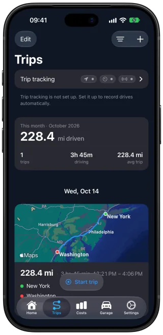 L'écran Trajets de Car Care : ligne de suivi des trajets, distance, nombre de trajets et temps de conduite du mois, et dernier trajet tracé sur une carte.